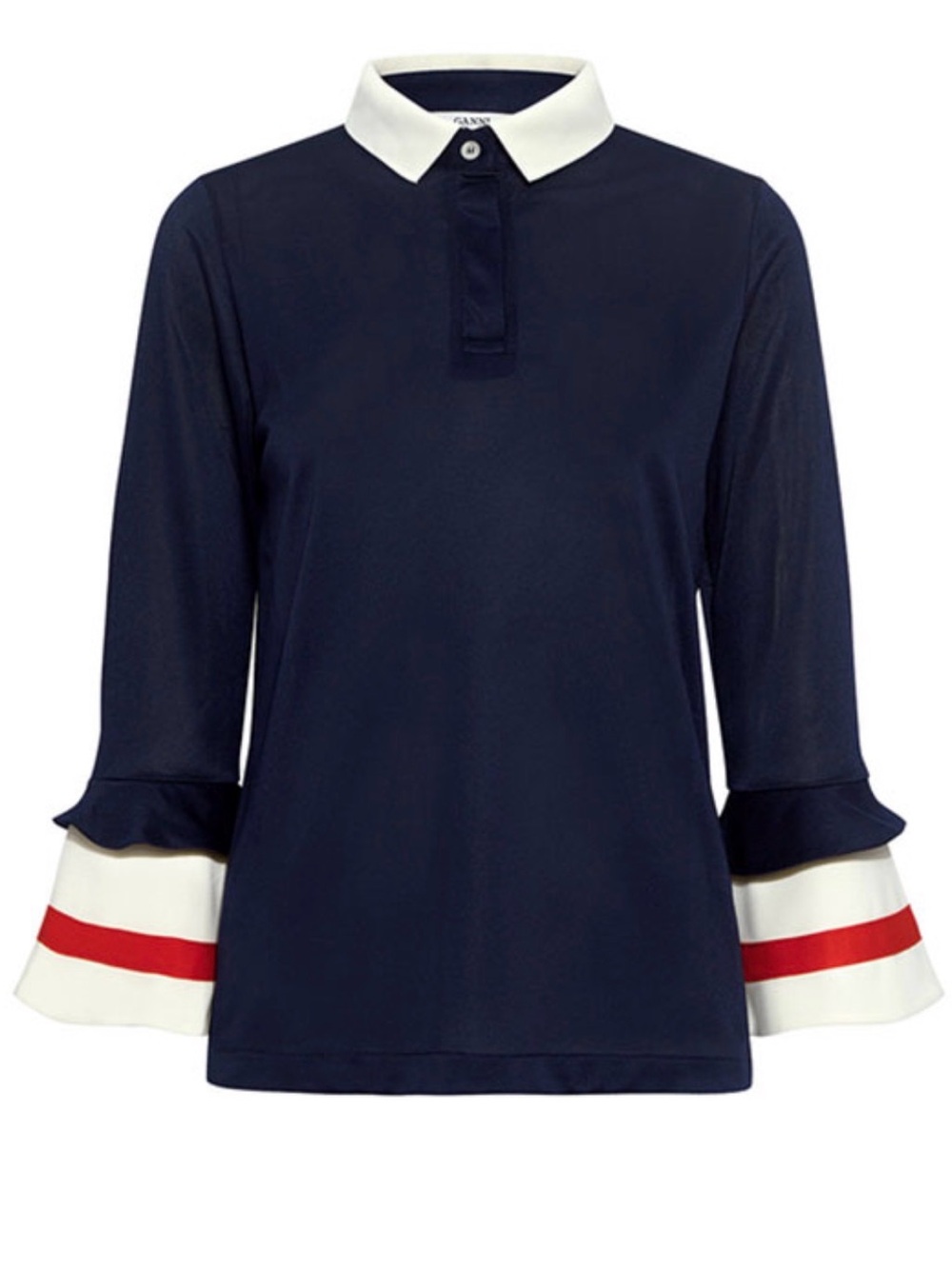GANNI Women’s Naoki Bell Sleeve Stretch Jersey Polo Shirt In Navy Size 40 EU/L